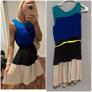 Calvin Klein Pleated Green and Blue Midi colorblock dress